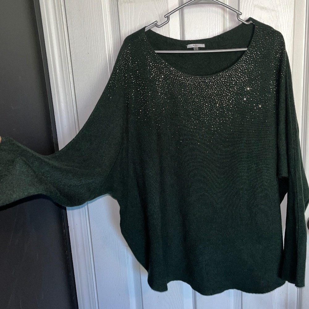 Dark Green Vila Milano Lightweight Sweater Pullover w/ Embellished Sparkles